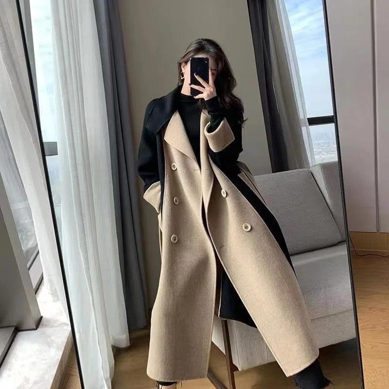 Women's Color Block Woolen Coat Long Lapel Double Breasted Winter Warm Overcoat