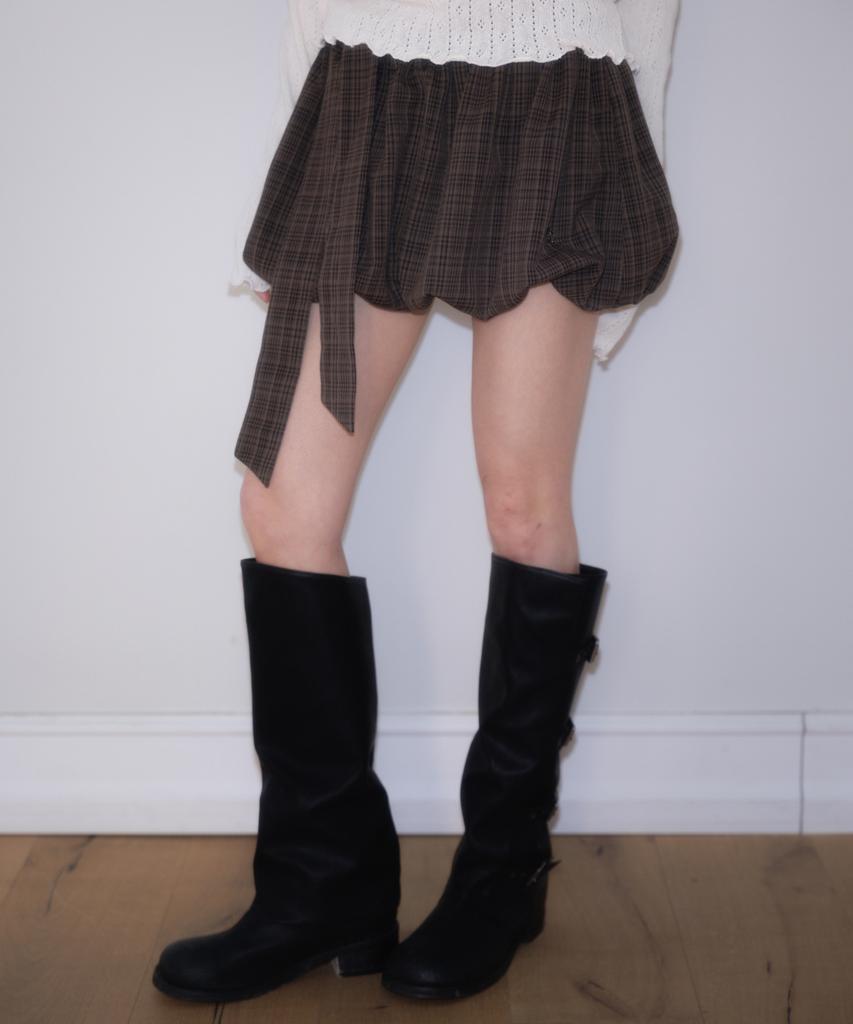 Rose Franz Balloon Check Belted Miniskirt [Brown]
