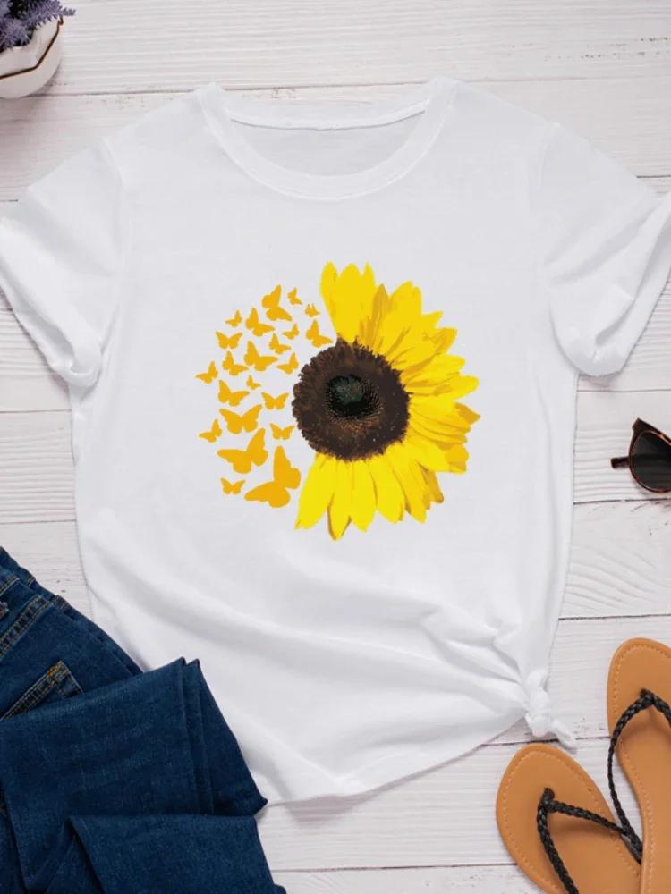 Butterfly Sunflower Print Women T Shirt Short Sleeve O Neck Loose Women Tshirt Ladies Tee Shirt Tops Clothes Camisetas Mujer