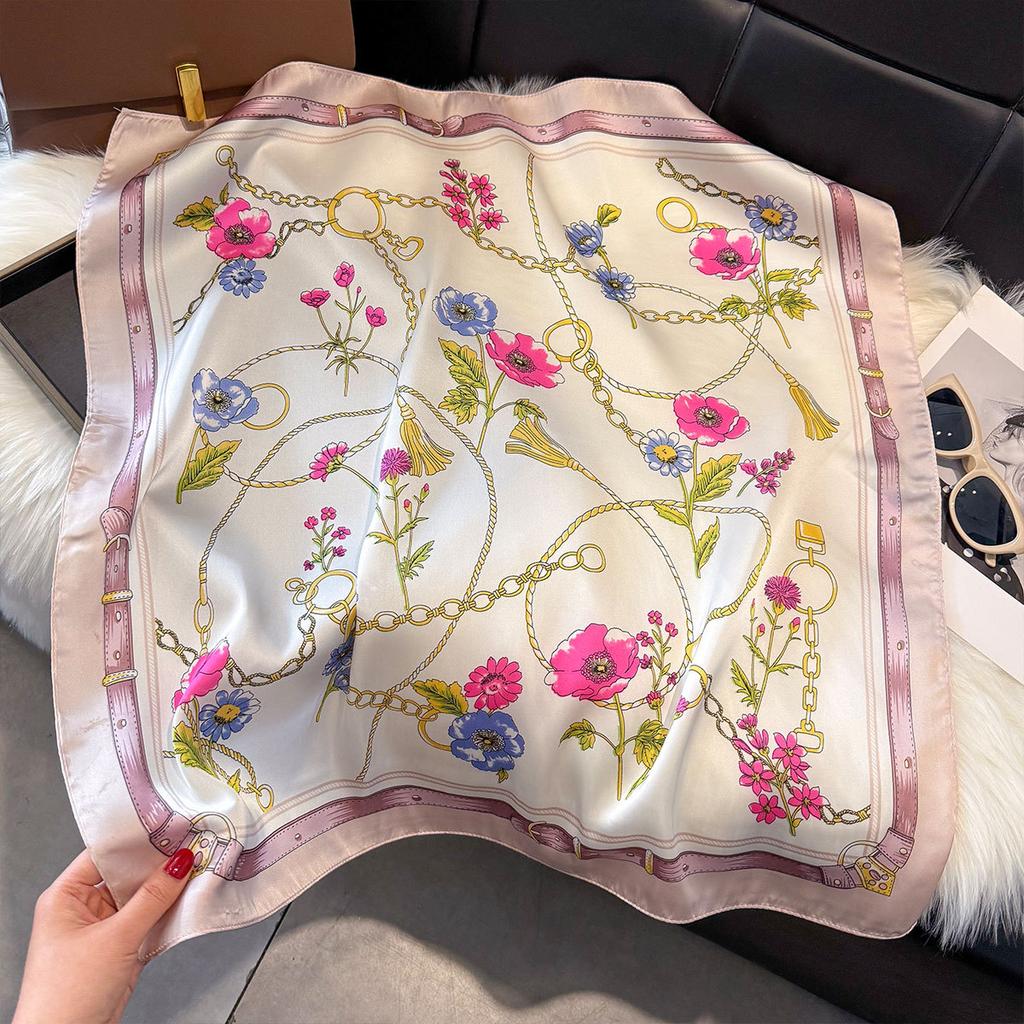 70 cm Seidenschal Damen Französisch Elegant Kleiner Blumendruck Schal Kleiner Quadratischer Schal mit Kopftuch