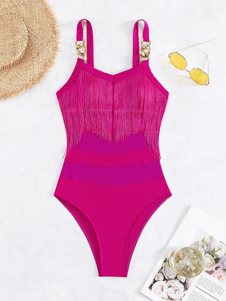 Traje de Baño Sexy Sólido Cadena Traje de Baño de Una Pieza Femenino Borlas Traje de Baño Traje de Natación Mujer Ropa de Playa Maillot De Bain Monokini