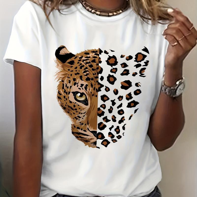 Women's retro leopard print tiger print short sleeved round neck T-shirt - medium stretch breathable fabric, summer and spring casual top