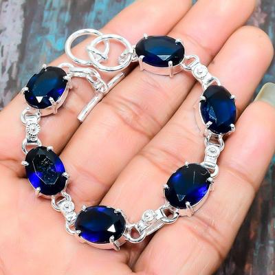 Bellissimo braccialetto fatto a mano in argento sterling 925 con pietra preziosa topazio blu di Londra