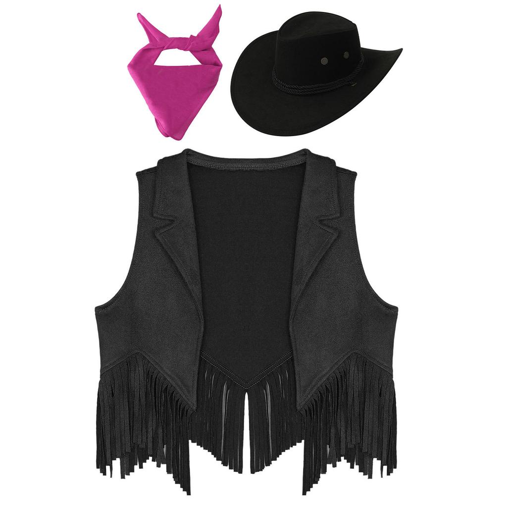 Girls Western Cowboy Costume 3Pcs Set Suede Fringe Vest Cowboy Hat Bandanna Cowgirl Dress Up Party Outfit