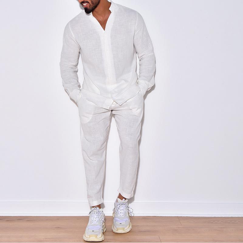 Cross-border European and American sports suit men's linen autumn casual suit long-sleeved fashion tooling trousers foreign trade two-piece set