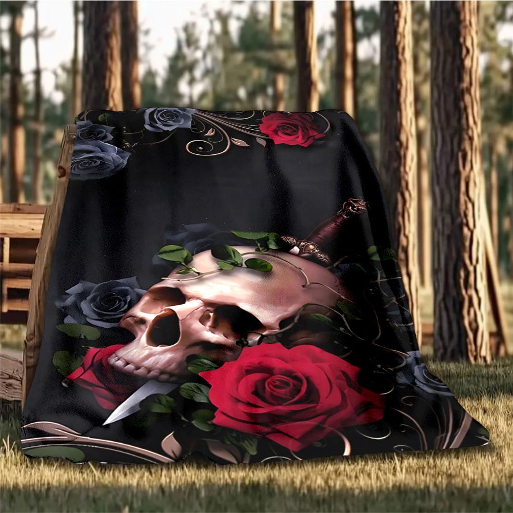 1 Stück Schädel Rosen Druck Outdoor Flanell Decke Weich Für Alle Jahreszeiten Polyester Überwurf, Perfekt für Picknicks & Reisen, Picknick Zubehör