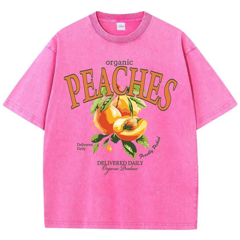 Woman Acid Wash T-Shirts Fresh Peaches Delivered Daily Prints Tops Distressed Crewneck Oversize Cotton Tees Trend Clothes
