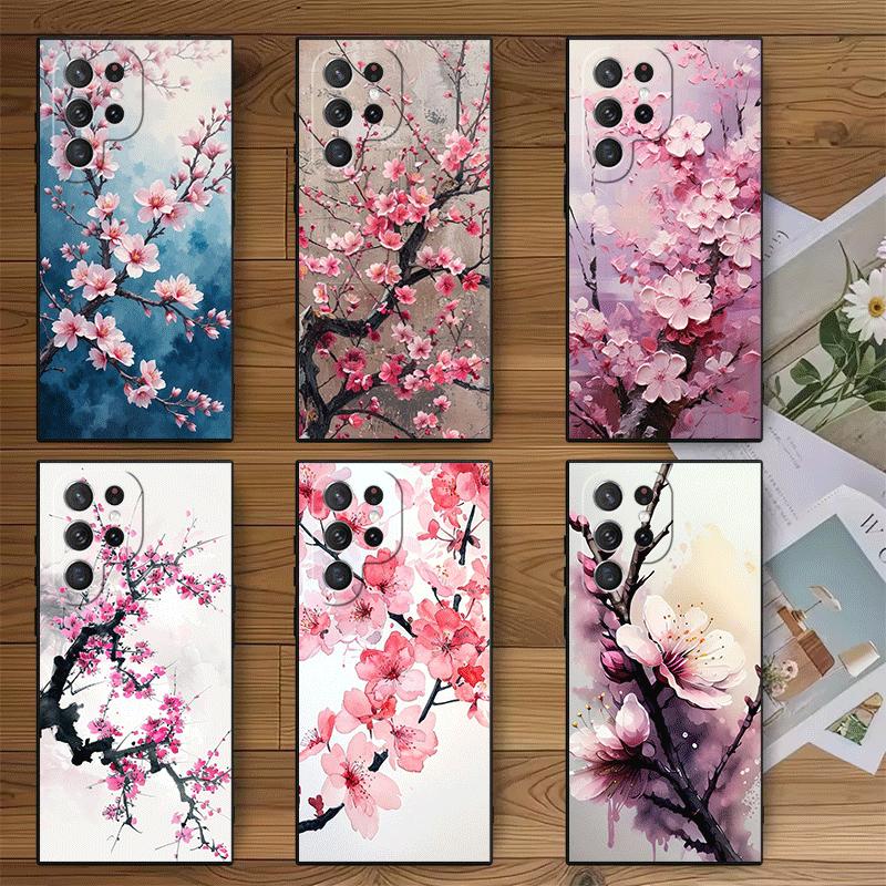Cherry Blossom Sakura Fashion Soft Phone Case for Samsung Galaxy S26 S25 Edge S24 Ultra S23 Plus S22 S21 FE S20 Black Cover Back