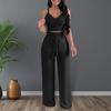 Two Pieces Outfit for Women V-Neck Sleeveless Strappy Crop Top Wide Leg Pants Set Casual Summer Lounge Wear for Beach Vacation