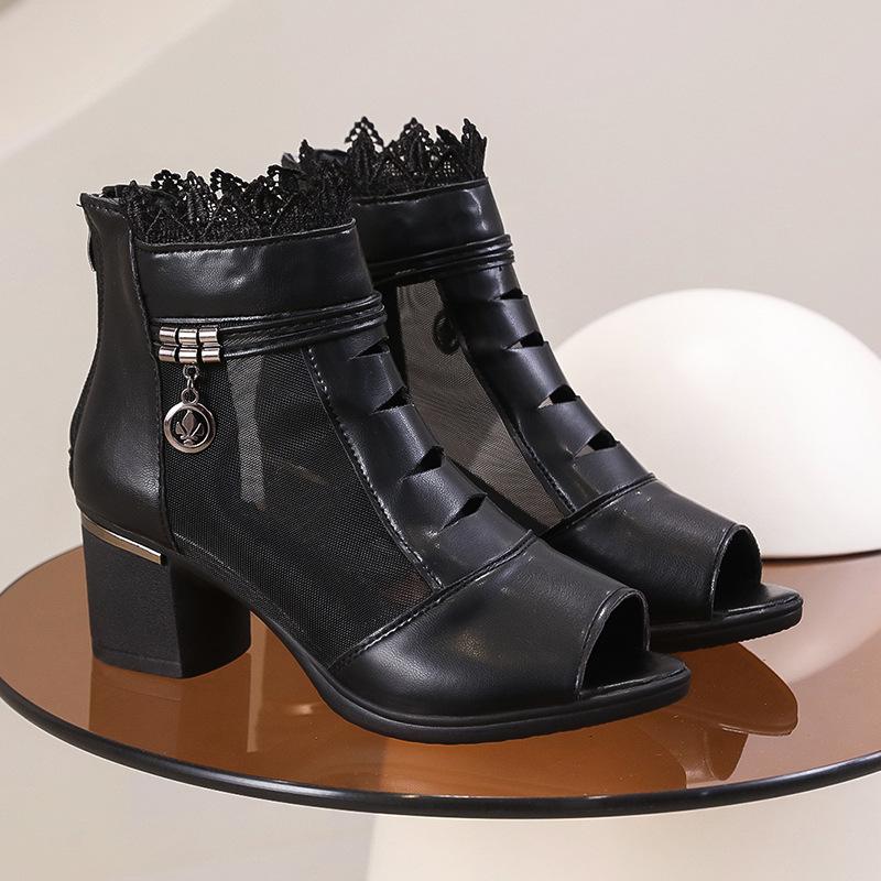 Mode 2025 Neue Sommer Grober Absatz Damen Schuhe Mesh Atmungsaktiv Hohl Cool Stiefel Hoher Absatz Sandalen Mode Damen Schuhe Zapatos De Mujer