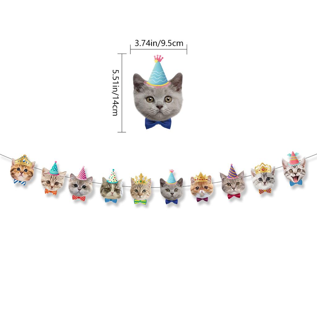 Cat Themed Birthday Banner - Cat Face and Paw Print Happy Birthday Decor, for Boys, Girls, Kids, Adults and Pets
