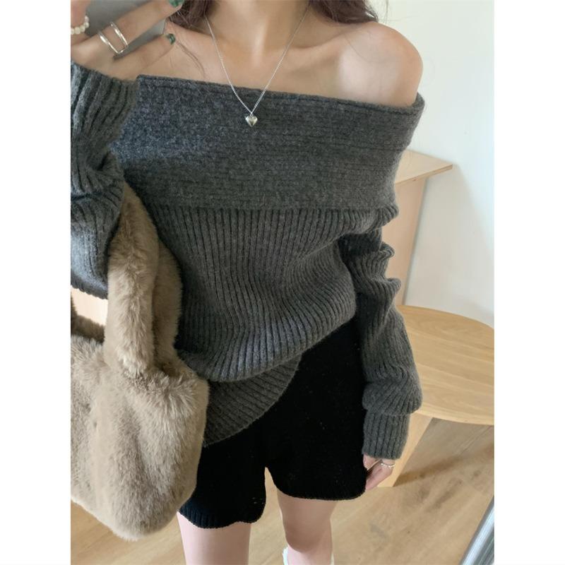 Fashion Elegant One-word Collar Off-shoulder Pullover Sweater Women's Spring Autumn Inner Casual Simple Long Sleeved Bottoming Knitted Slim Fit Top