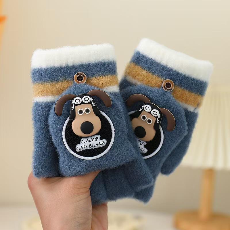 Children's Gloves New Autumn and Winter Baby Cute Warm Thickened Five-finger Flip Writing Primary School Students Half-finger Gloves