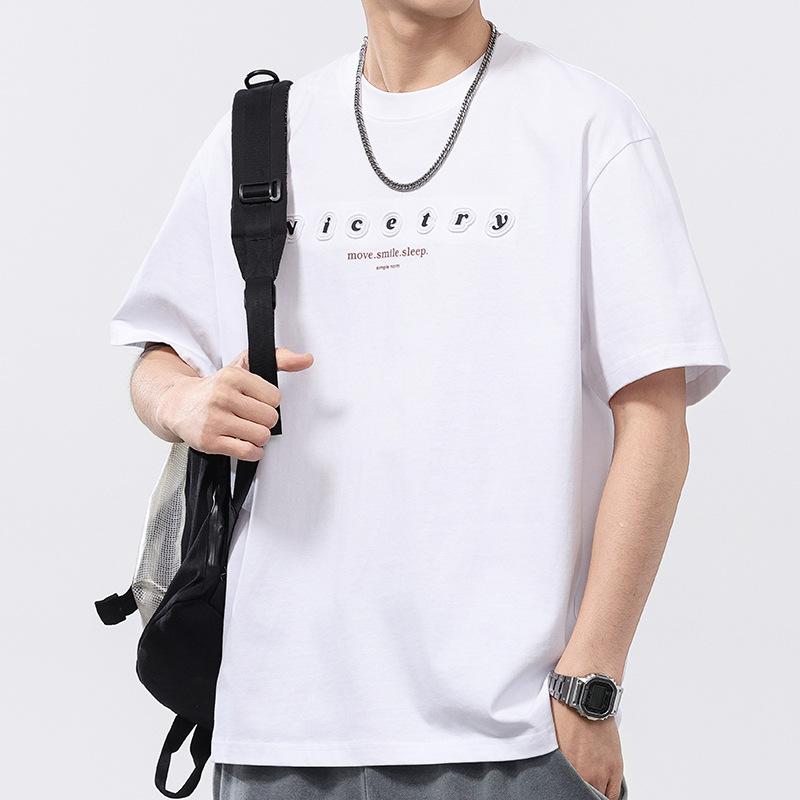 Heavy Retro English Letter Embroidered Pure Cotton Short-sleeved T-shirt for Men Round Neck T-shirt Short-sleeved