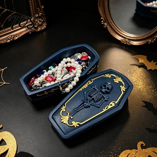 Dark Aesthetic Decor Gothic Skull Casket Jewelry Box, Resin Spooky Storage Figurine for Desktop Sundries Organizer Rings, Halloween Tabletop