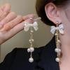 Korean Simple Imitation Pearl White Bowknot Long Tassel Earring for Women Personality Geometry Ear Jewelry Korean Fashion