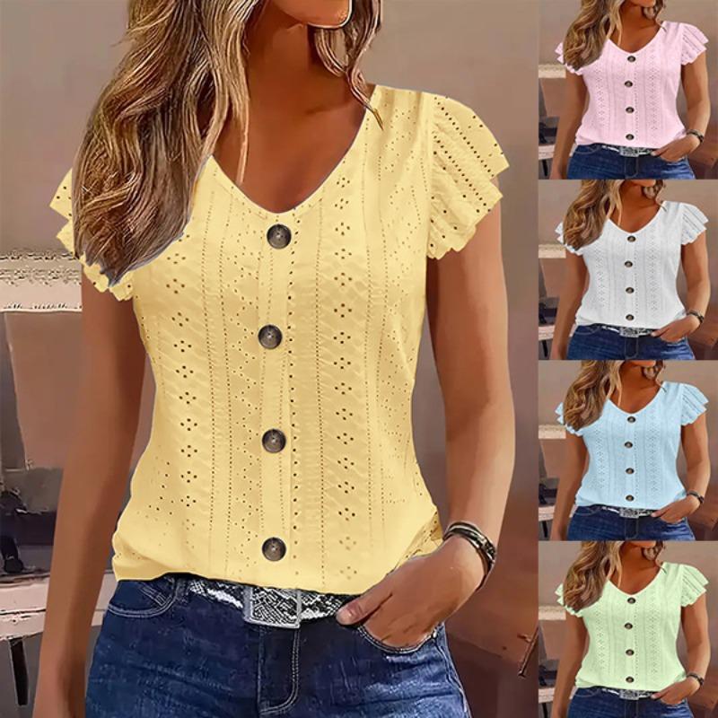 Spring and summer new women's clothing fashion casual solid color lotus leaf sleeve V-neck T-shirt