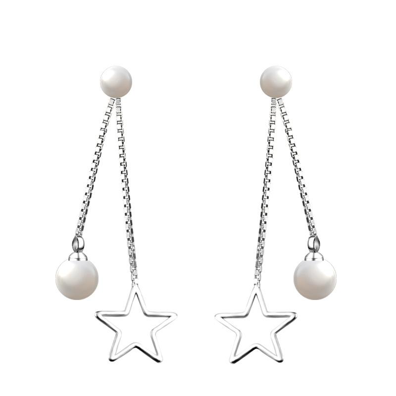 Tassel Pearl Pure Earrings Long Exaggerated Temperament Versatile Earrings Anti-allergic Five-pointed Star Earrings for Women