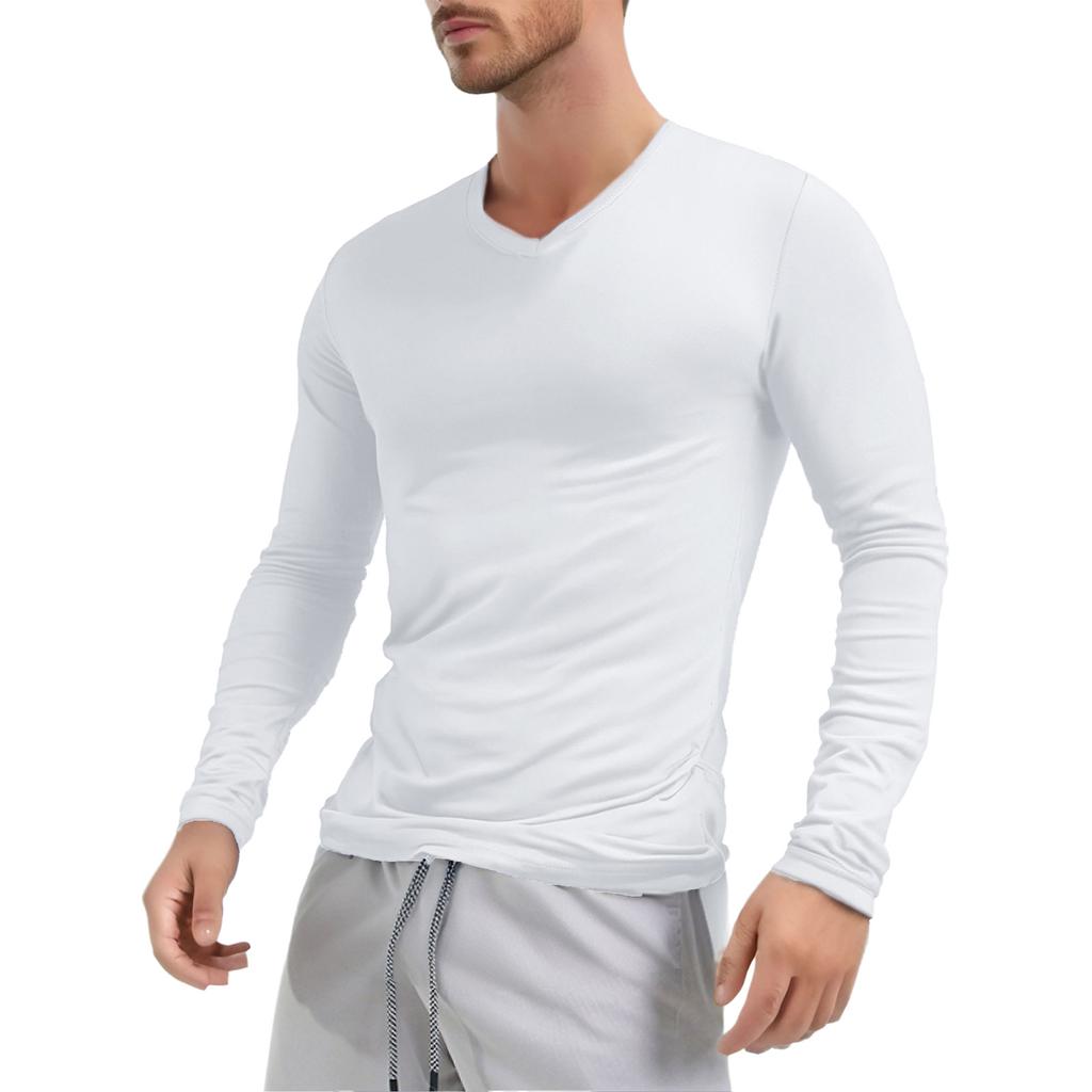 M-3XL Men‘s V Neck Slim Fit T-Shirt Long Sleeve Solid Color Casual Undershirt for Daily Wear