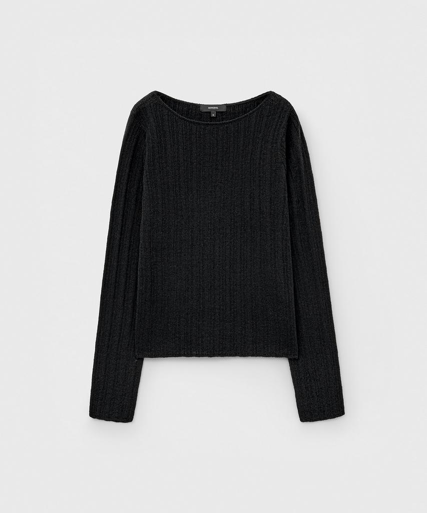 MONGDOL Boat Neck Alpaca Ribbed Knit Top Black Mdkt118Black