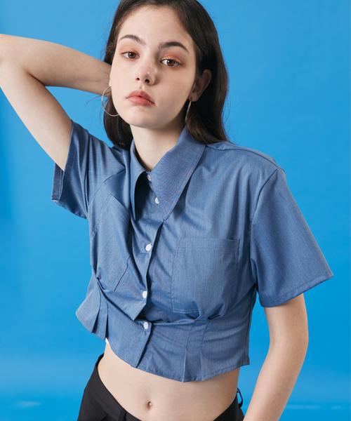 KOLEAT Women Cooling Airy Crop Slim Short Sleeve Shirt [Denim_Blue]