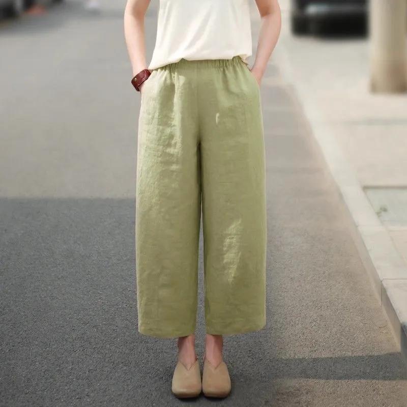 Women's Summer Solid Color Thin Section Haren Wide-leg Pants Literary Loose Leisure Straight Nine-minute Pants