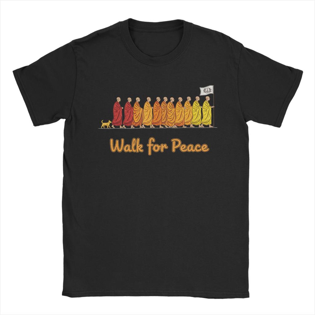 Walk for Peace Buddhist Monks Inspirational Journey TShirts for Men Vintage Cotton Tees Round Collar Short Sleeve T Shirt