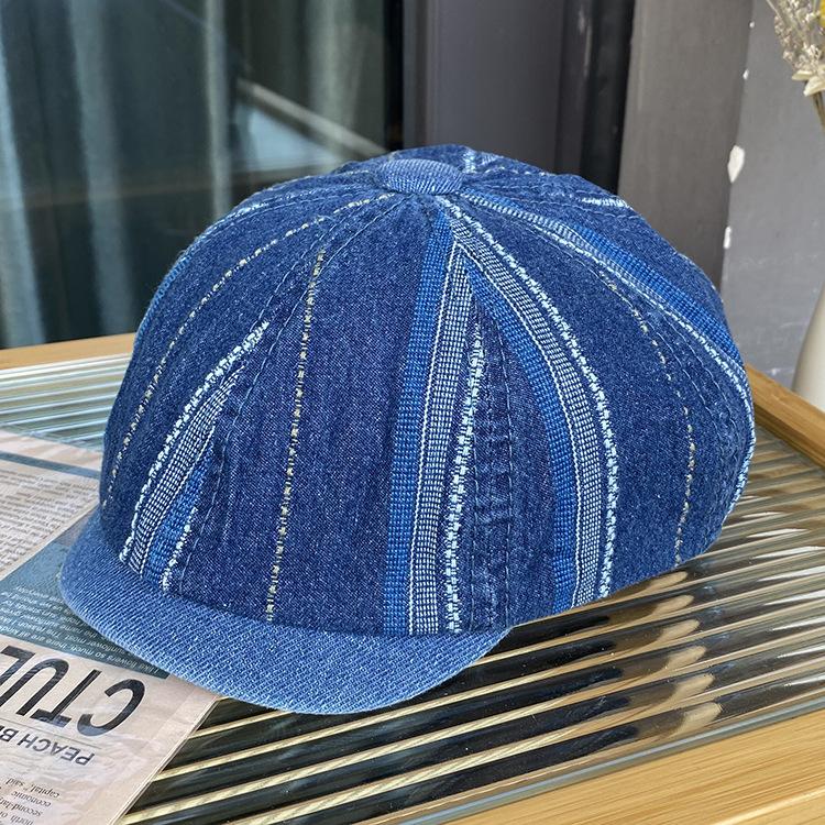 Denim beret men and women retro old denim octagonal hat versatile face small forward hat tide