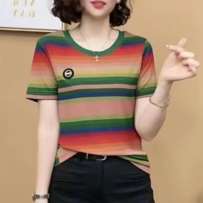 New Summer T-shirt Short-sleeved T-shirt Striped Fashionable Round Neck Mom Shirt Slim-fit Top