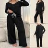 Women's Suit Autumn and Winter Solid Color Long-sleeved V-neck Top Loose Comfortable Casual Home Drawstring Trousers
