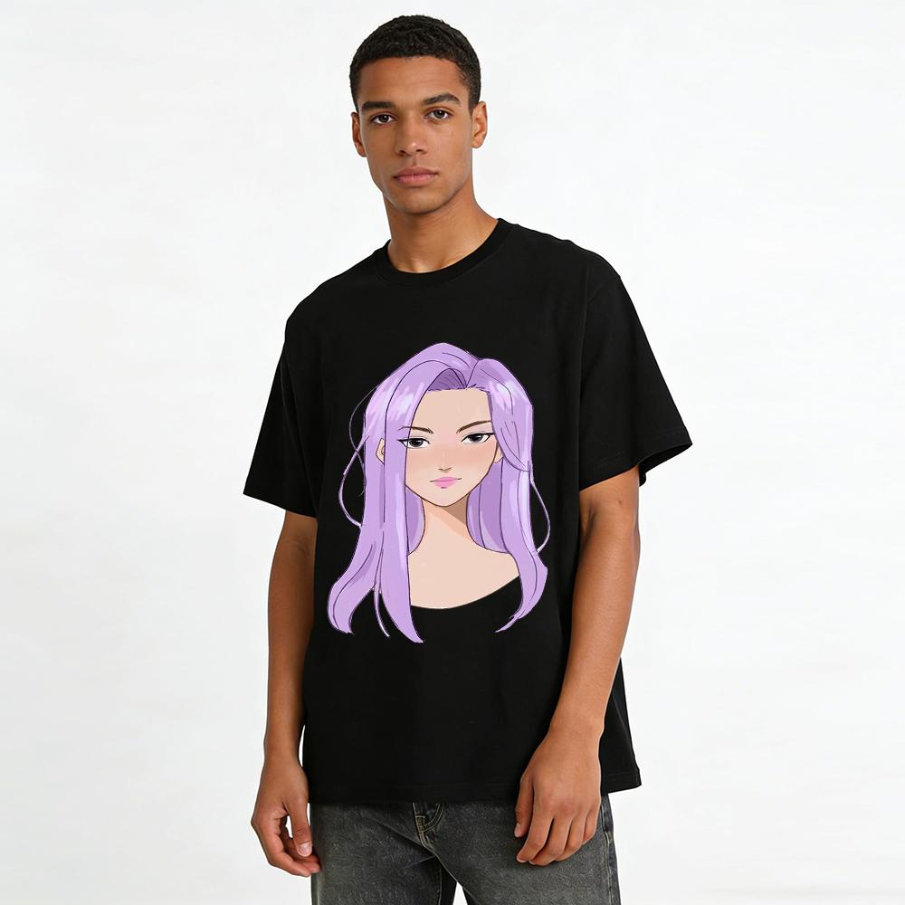 Cool Purple-Haired Girl Print Top Trendy Street Style Loose Crew Neck Pullover For Teens Pure Cotton T-shirt