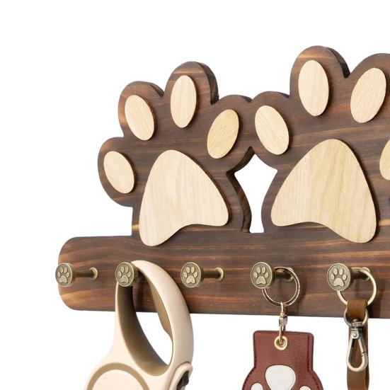Wall Hook with Dog Paw Shape Key Holder Wood with Anti-Rust Metal Hooks Organizer for Keys Pet Leashes Scarves Small Items