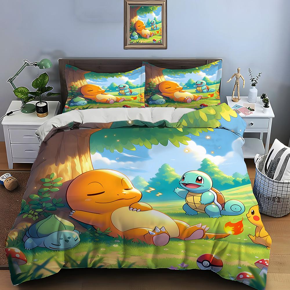 10 Sizes Pokémon Charizard Print Bedding Set 3 Pieces Setting Bed King Size Pillowcase Adult Bed Cover Bedroom Bed Set for Gifts