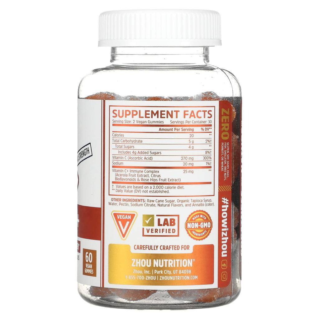Zhou Nutrition, Max Strength Vitamina C + Superior Immune Booster, Orange Blast, 60 gomas veganas