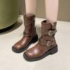 Fashion Women's Shoes Side Zipper Women's Boots Sale Belt Buckle Modern Boots Women New Metal Decoration Mid-Calf Boots