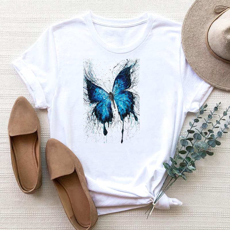 European Size Clothing Women Butterfly Watercolor Trend Cute Print Short Sleeve Tee Top Fashion T Shirt Woman Female T Graphic T-shirts