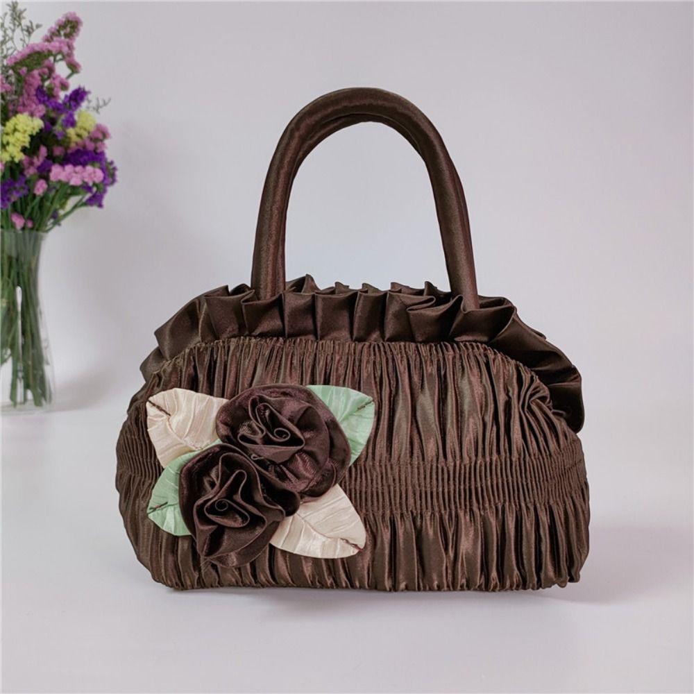 Satin Silk Zipper Flower Tote Bag Leaf Ethnic Style Wrist Bag Hanfu Rose Flower Handbag Daily