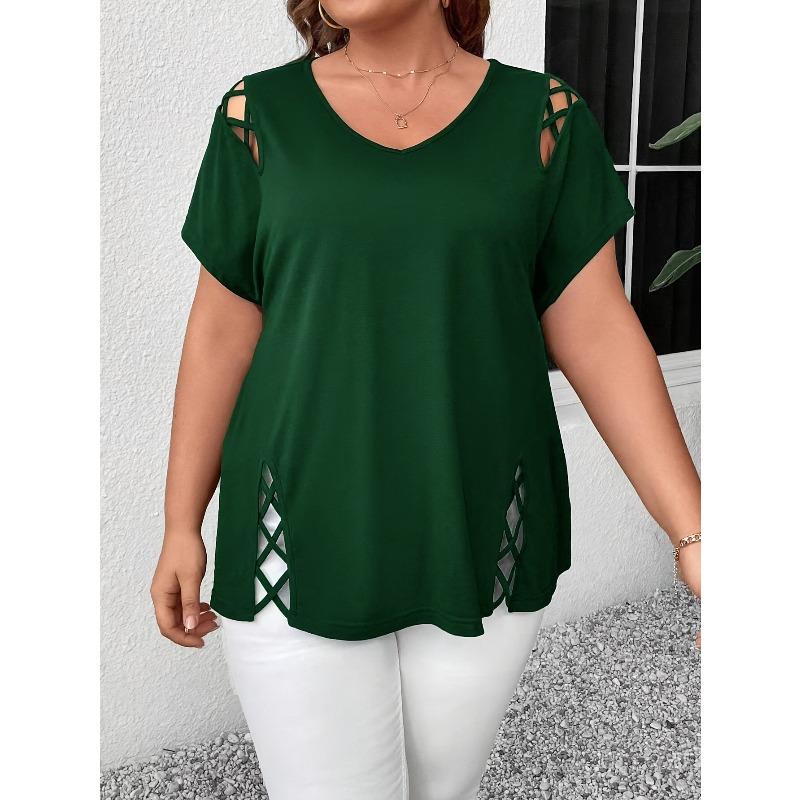 Solid Color Short Sleeve Cross Strap Detail Fashion Elegant Plus Size Women's Tops T-Shirt