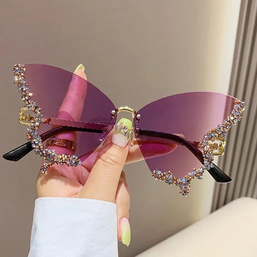 Luxury Diamond Butterfly Sunglasses Women Vintage Rimless Oversized Sun Glasses Ladies Eyewear Gafas De Sol