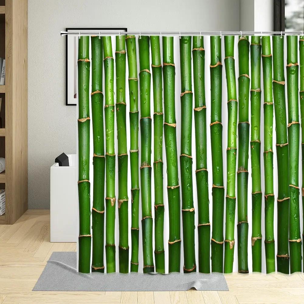 Bamboo Shower Curtain Bathroom Home Decor Green Plants Landscape Bath Curtains With Hooks Polyester Waterproof Fabric Washable