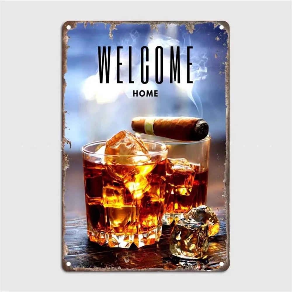 Affiche Métal Vintage Whisky et Cigarres Plaque Étain Rétro Plaque Décorative Pour Garage Club Man Cave Bar Hôtel Café Décor Mural
