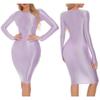 Womens Silky Solid Color Bodycon Pencil Dress Long Sleeve Hip Wrap Sleep Dress Nightdress