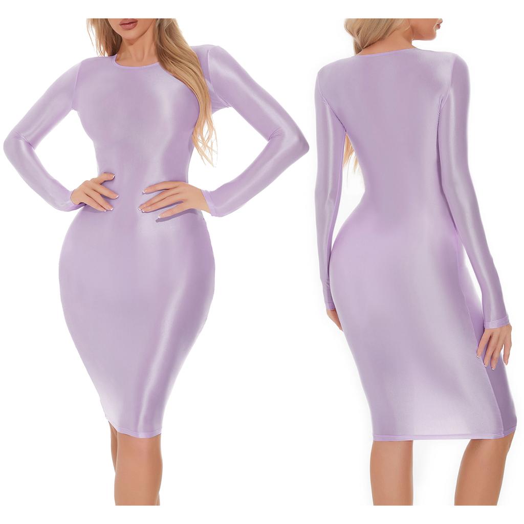 Womens Silky Solid Color Bodycon Pencil Dress Long Sleeve Hip Wrap Sleep Dress Nightdress