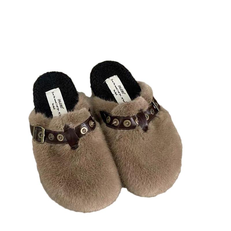 Platte Schoenen Bont Dames Katoenen Pantoffels Designer Gesp Kort Pluche Muiltjes Schoenen 2025 Trend Winter Casual Warm Knus Sneeuwlaarzen Voor Dames