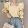 Retro Puff Sleeve Square Neck Kortermet T-skjorte Sommerkjole for kvinner Ny liten designskjorte