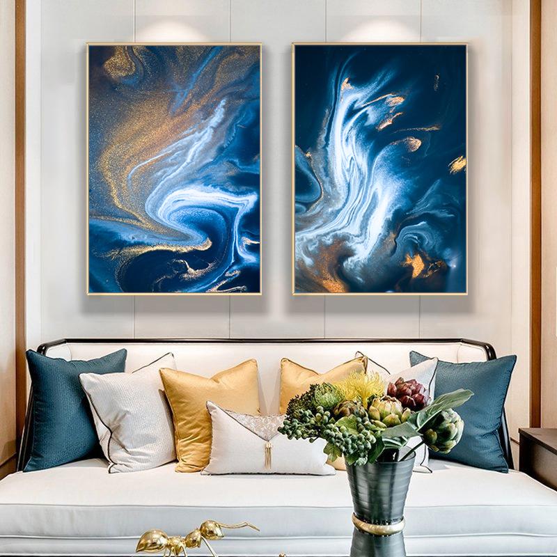 Golden Blue Wave Poster Abstract Canvas Painting Nordic Posters and Prints Wall Art Pictures for Living Room Modern Home Decor