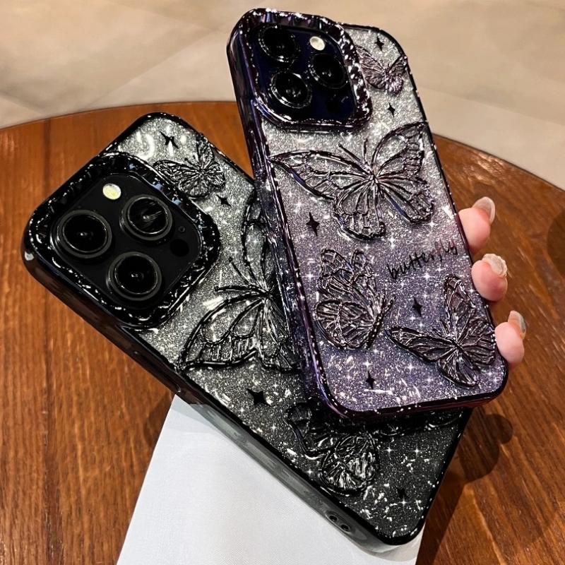 3D Bling Glitter Vlinder Quick Sand Kleurverloop Hoesje Voor iPhone 17 16 15 14 13 12 11 Pro Max Plus Air Plating Schokbestendig Hoes