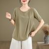 Artistieke Retro Katoen Linnen Korte Mouwen Dames Losse Casual Ronde Hals Top Zomer Effen Kleur Veelzijdig Linnen T-shirt Blouses & Overhemden