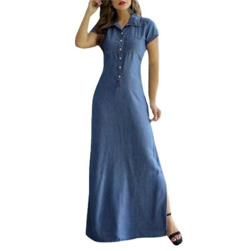 2026 New Women's Denim Shirt Dress - Long Casual Maxi Dress with Shirt Collar, Side Slit, Pockets, and Flared Hem, Plus Size Comfortable Summer Dress