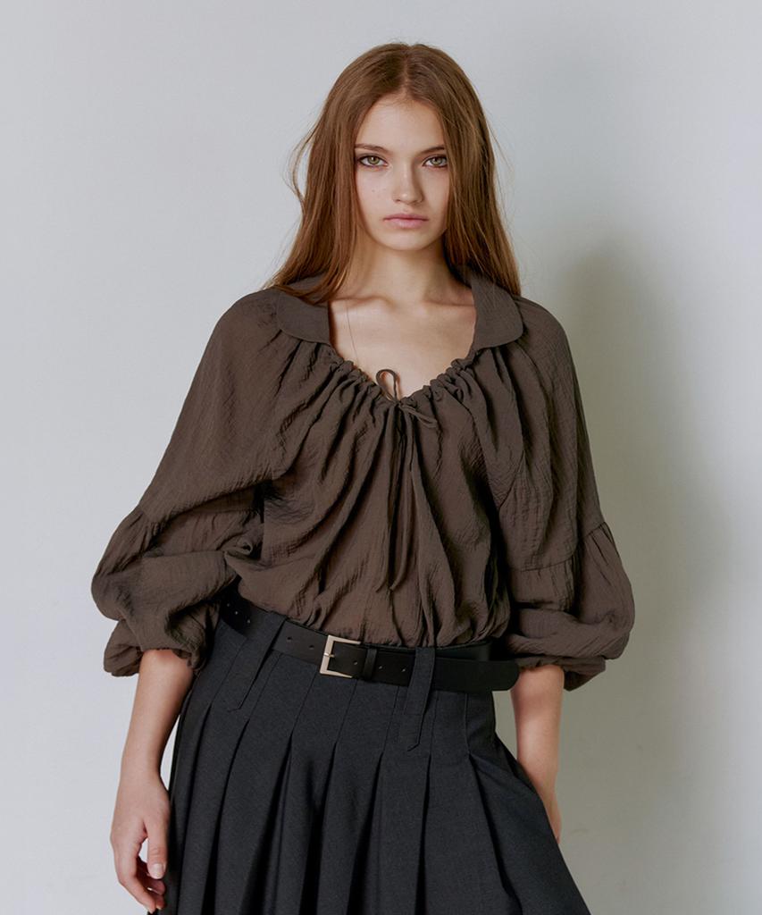 GANISONG Shirred Collar Blouse_Khaki
